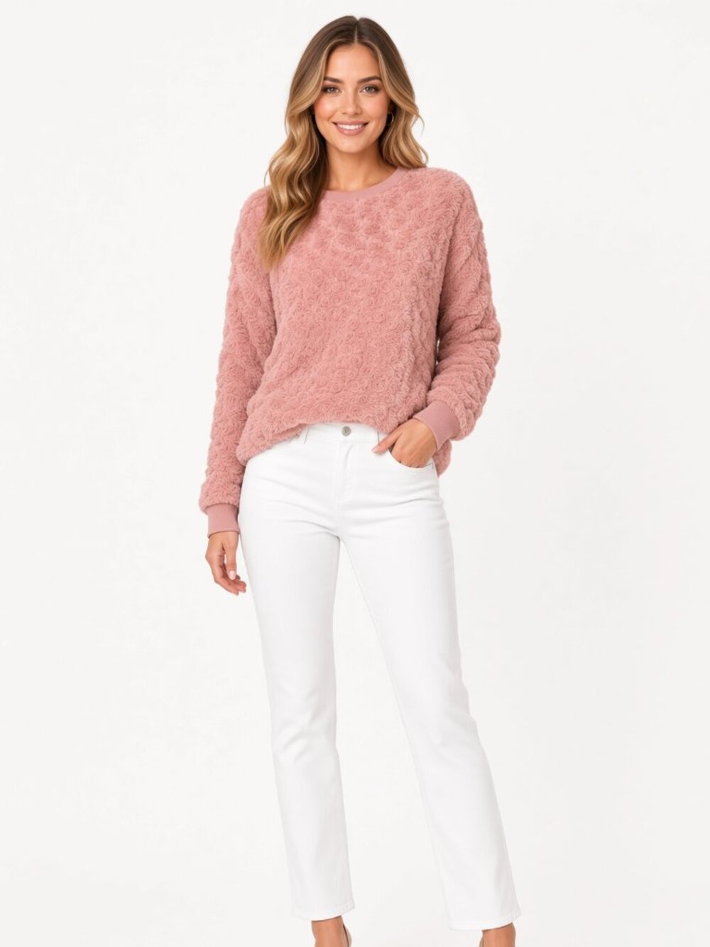 Knapp Studio Dusty Rose Textured Faux Fur Crew Pullover